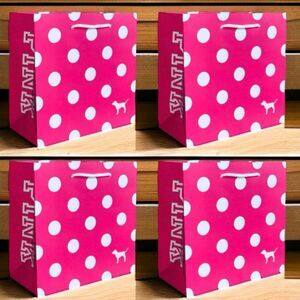 New 4 Victoria's Secret PINK Polka Dots 8”Hx8”Wx4.5”D Paper Gift Shopping Bags